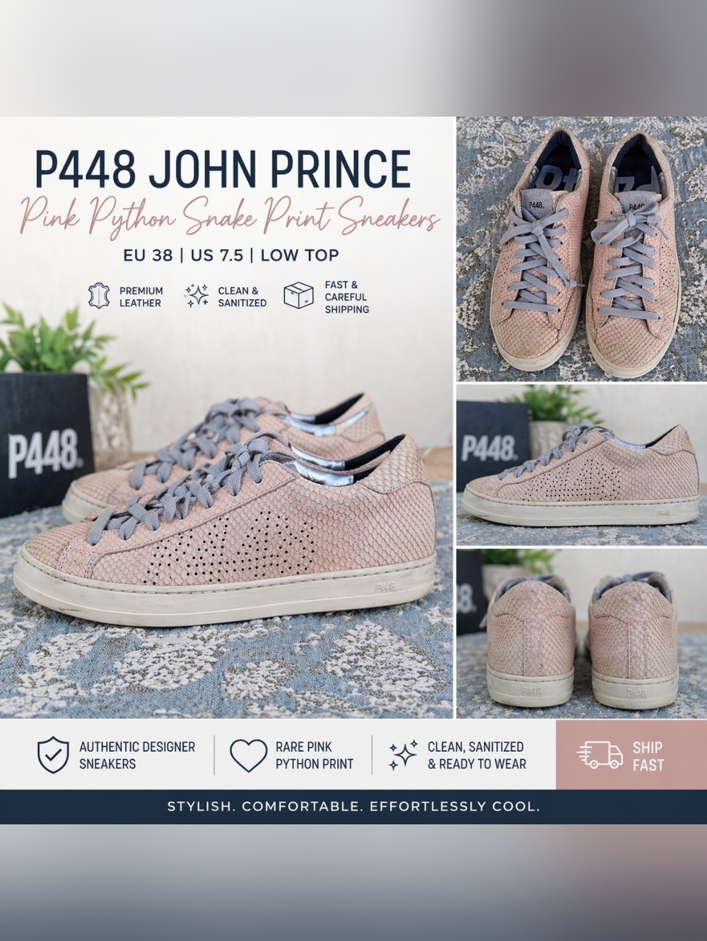 P448 John Pink Python Snake Print Sneakers EU 38 US 7.5 Leather Low Top Designer